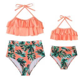 Holiday Floral Ruffle Style Bikini for Family Mom and Girls High Waist Swimsuit Women Kids Swimming Trunks Dot Print Swimwear