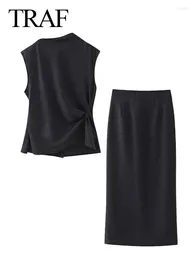 Work Dresses 2024 Spring Women's Elegant 2 Piece Solid Set Black Sleeveless Buttons Top Casual Slim Split High Waist Midi Long Skirt