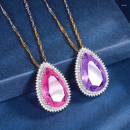 Pendant Necklaces EYIKA Luxury Women Jewelry Pink Purple Fusion Crystal Zircon Water Drop Necklace Two Color Plated Wave Chain Colar