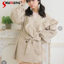 Women's Trench Coats Spring Versatile Coat Solid Colour Loose Japanese Style Sweet Ruffled Student Bf Mid-Length Slimming Windbreaker