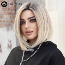 Wigs 7JHH WIGS Ombre Blonde Bob Wig for Women Daily Cosplay Short Synthetic Middle Part Wigs Platinum Lolita Wig Heat Resistant