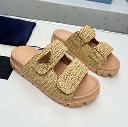 Designer Sandal Woman Crochet Slides Black Platform Wedges Straw Flatform Slipper Summer Flat Comfort Mule Beach Pool Two Straps 1182ess