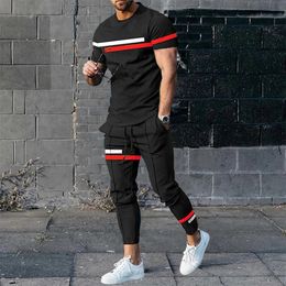 Mens Trousers Sets Tracksuit Summer Striped Print Tops Tees Short Sleeve T ShirtLong Sweatpants 2 Piece Oversized Men Clothing 240402