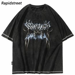 Men Hip Hop Oversized Washed Black T-Shirt Streetwear Graphic Printed T Shirt Harajuku Cotton Loose Tshirt Summer Short Sleeve 240318