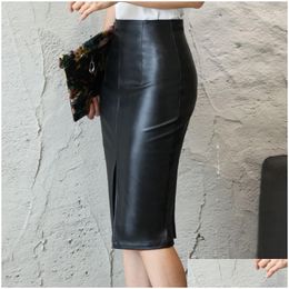 Skirts Black Pu Leather Skirt Women New Midi Y High Waist Bodycon Split Office Pencil Knee Length Ps Size V191111 Drop Delivery Appare Dhrlu