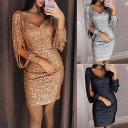 Casual Dresses Women Party Dress Glitter V Neck Hollow Out Tassel Long Sleeve Bodycon Mini Gown