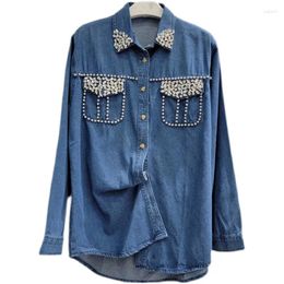 Women's Blouses 2024 Spring Summer Korean POLO Collar Single Breasted Heavy Work Diamond Casual Long Sleeve Denim Shirt Women LX023