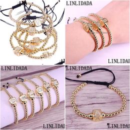 Charm Bracelets Fashion 8Pcs Cz Micro Pave A-Z Letter Cube Spacer With Gold Copper Beaded Braided Rame Bracelet For Men Womencharm D Dhlid