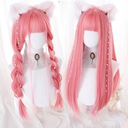 Wigs HOUYAN long straight synthetic wig girl pink bangs lolita cosplay wig natural black brown wig bangs heatresistant party