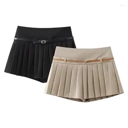 Skirts HOUZHOU Pleated For Women Solid Belt Vintage High Waist Mini Skirt Shorts Female Casual Office Lady Spring Summer 2024
