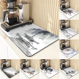 Table Mats Chinese Architectural Style Coasters For Coffee Cups Ink Painting Pattern Dish Drainer Absorbent Drying Mat Kitchen