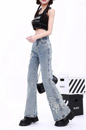 Women's Jeans Butterfly Embroidery Retro Micro Flared Summer Fashion High Waist Vintage Pants Female Denim Trouser