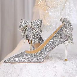 Dress Shoes 2024 High Quality Soft Leather Silver Glass Slipper Wedding French Pointed Single Shoe Sequined Heels 8CM