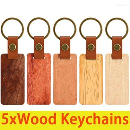 Keychains 5Pcs Blank Wooden Keychain Rectangular Wood Keyrings Walnut White Maple Rosewood Cherry Bamboo Key Ring