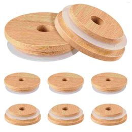 Dinnerware 8 Pcs Mason Jar Bamboo Lid Lids With Straw Hole Wide Mouth Wooden Glass Bottle Drinking Caps