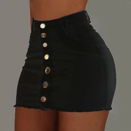 Skirts Womens Fashion Front Buttons Denim Y Push Up Solid Color Short Skirt Female Y2K Black Bodycon Jeans Dress Streetwear Drop Deliv Dh0Ik