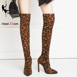 Boots Shoes Fashion Pointed Toe Over The Knee High Boots Autumn And Winter Leopard Print High Heels Club New Stretch Booties For Women