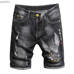 Men's Shorts Summer Fashion Mens Denim Shorts Chinese Style Embroidered Classic Black Elastic Slim Fit Casual Shorts Trend Street Clothing MensL2404