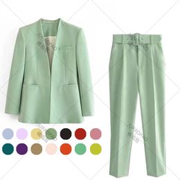 JUPAOPAO Women Fashion Two Pieces Sets TRAF Office Wear Blazers Coat And With Belt High Waist Pants Simple Solid Color Suit 240319