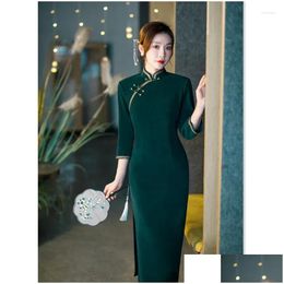 Ethnic Clothing Green Vintage Slim Fit Cheongsam Autumn Long Sleeve Plus Size 4Xl Vestidos Traditional Chinese Dress Classic Elegant D Dhnra