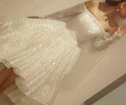 White Prom Dresses Sparkly Sequins Bling Bling Sparkly Off the Shoulder High Front and Low Back Evening Dresses Long Sleeve Party 2493144