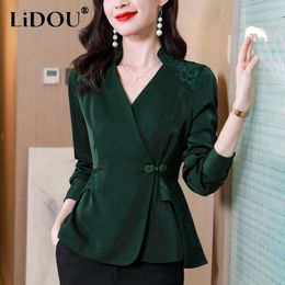 Women's Blouses Spring Autumn V-neck Chinese Style Frog Embroidery Shirt Women Long Sleeve Elegant Fashion All-match Satin Blouse Lady Waist