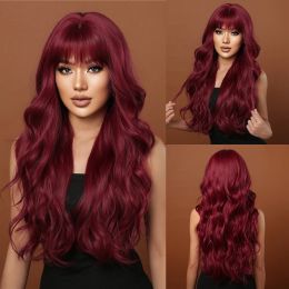 Long Body Wave Syntheitc Wigs with Bangs Wine Burgundy Red Loose Wave Wig for Black Women Daily Halloween Party Heat Resistant