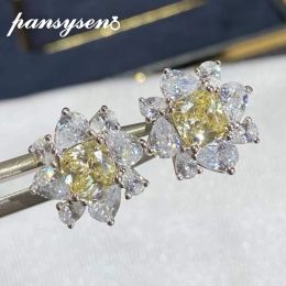 Earrings PANSYSEN 100% 925 Sterling Silver Flower Simulated Moissanite Citrine Wedding Studs Earrings for Women Fine Jewelry Wholesale