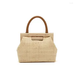 Drawstring Canvas Straw Women Totes With Leather Bag Handle Wooden Purse Frame Summer Beach Party Travel Evening Handbags Lady