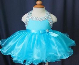 2019 Simple Style Custom Made blue Sweep Train Halter Sleeveless Backless Organzasequin beaded Girls Pageant Dresses Party Prom Go8474867