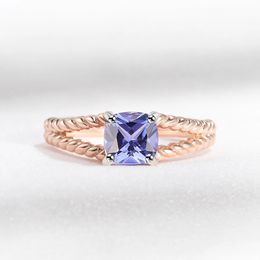 YEZOXA Cushion Cut Created Tanzanite 925 Sterling Silver 14K Rose Gold Plating Rope Solitaire Ring For Women Size #6 #7 #8 240402