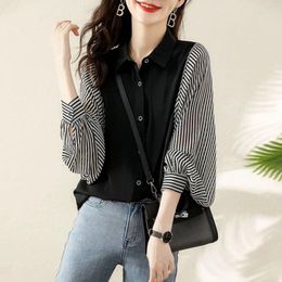 Women's Blouses Chiffon Shirt Casual Round Neck Striped Lantern Sleeve Patchwork Black Shirts Spring Clothes Single-breasted Blouse