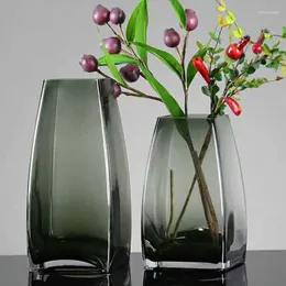 Vases Creative Smoky Gray Square Glass Vase Living Room Flower Arrangement Light Luxury Modern Home Decoration