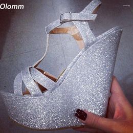 Dress Shoes Olomm Women Platform T-strap Sandals Glitter Ultra High Wedges Heels Round Toe Pretty Silver Night Club Ladies Size 4-20