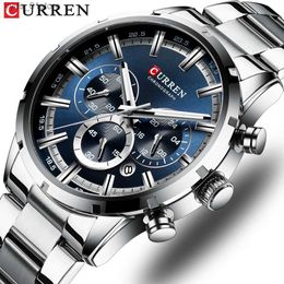 Wristwatches CURREN Top Brand Military Quartz es Silver Blue Mens Stainless Steel Chronogrh Wrist for Male Casual Sporty Clocks L240402