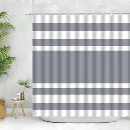 Shower Curtains Geometry Curtain Set Striped Splicing Pure Colour Fabric Modern Home Bathroom Decoration Taupe Green Grey Hooks