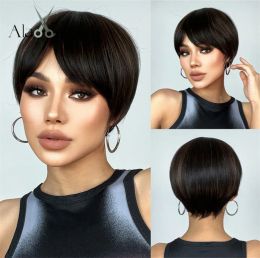 Wigs ALAN EATON Short Dark Brown Straight Pixie Cut Wig Brown Highlight Synthetic Wigs with Bangs Daily Party High Temperature Fibre