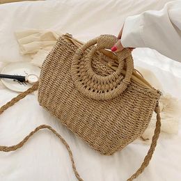 Drawstring Summer Handmade Messenger Bag Round Handle Retro Straw Brand Hand Woven Crossbdoy Shoulder Vacation Beach