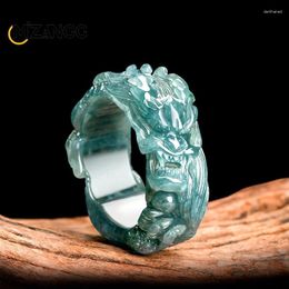 Cluster Rings High Quality Jadeite Blue Water Dragon King Ring Three-dimensional Carved Jade Men Exquisite Jewellery Holiday Gif