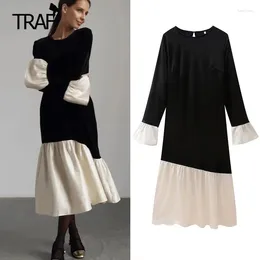 Casual Dresses Velvet Patchwork Womens Spring Summer 2024 Midi O-Neck Long Sleeves Dress Elegant And Pretty Female