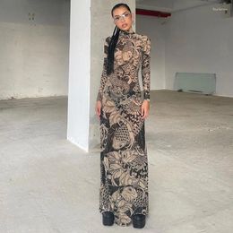 Casual Dresses Gtpdpllt Vintage Printed Sexy Mesh Dress Autumn See Through Long Sleeve Maxi For Women 2024 Streetwear Y2k Clothing