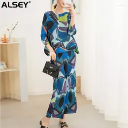 Work Dresses ALSEY Miyake Pleated Wrinkle Printed Fashion Set Women 2024 Loose Round Neck Pullover Top Straight Leg Pants 2 Piece