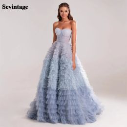 Shoes Sevintage Blue Prom Dresses Tiered Ruffles Tulle Pleat Ruched Aline Backless Saudi Arabic Women Party Evening Gowns 2022