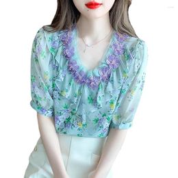 Women's Blouses Ruffled V Neck Short Sleeves Chiffon Shirt Summer Blouse 2024 Youthful-Looking Floral Top Design Sense Fashion Blusa