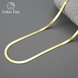 Lotus Fun 18K Gold Simple Flat Snake Herringbone Necklace Chain for Women Gift Real 925 Sterling Silver Top Quality Fine Jewelry