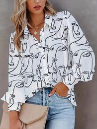 Women's Blouses Casual Long Sleeve Abstract Printed Shirt Office Womens Elegant Slim Button Down 2024 Spring Chunky Lapel Tops