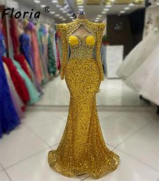 Party Dresses Sparkly Gold Dubai Long Sleeves Evening Dressses Pearls Beaded Mermaid Formal Occasion Gowns Wedding Dress Vestidos Noche