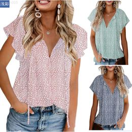 8-color Good Quality Summer Womens Broken Flower Leisure V-neck Chiffon Shirt Loose and Simple Short Sleeve Top {category}