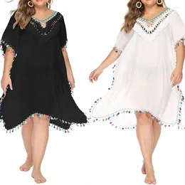 Plus Size Beach Bikini Smock Knitted Blouse Dress Female Ladies Large V-neck Loose Swimsuit Cover-ups