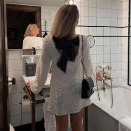 Casual Dresses Women Luxury Sequin Mini Dress Long Sleeve Backless Prom Bowknot Chic Short Female Evening Party Vestidos